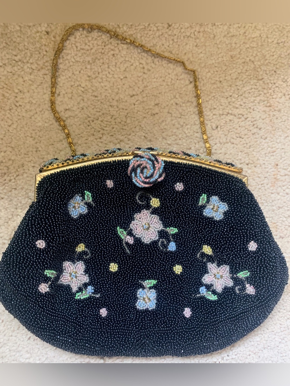 Vintage 1940’s Freddy Floral Beaded Purse Paris Handmade Evening Handbag Clutch